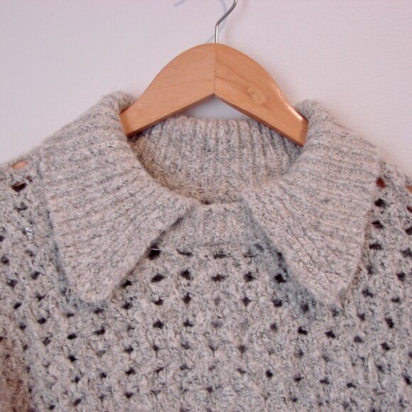 Mango Gray Wool Blend Polo Sweater Openwork Knit BRAND NEW NWT Size Medium - Picture 6 of 13